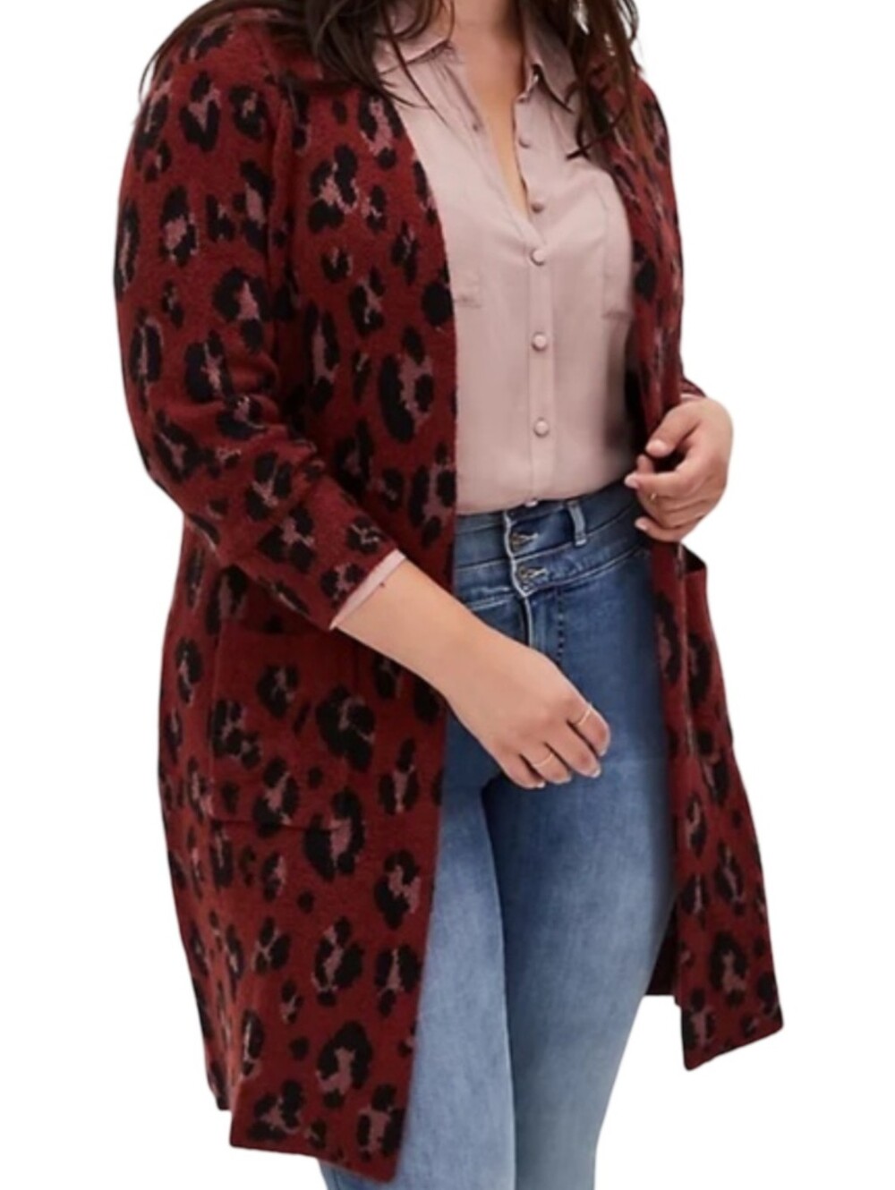 Torrid Womens Burgundy Black Leopard Print Open Front Longline Cardigan 13851774